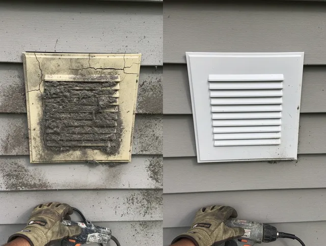 Kingston Dryer Vent Cleaning technician installing high-quality dryer vent cover at a residential property in Kingston